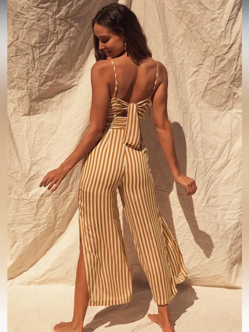 Moon River Ettna Mustard Yellow Striped Cutout Front Wide-Leg Jumpsuit NEW Small